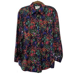 Vintage Capezio Shirt Women’s Small Silk Button Up Colorful 90s Art Bright Tunic